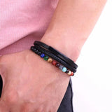 Stainless Steel Leather Bracelet for Men Women Cuff Gift Volcanic Stones Beads
