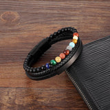 Stainless Steel Leather Bracelet for Men Women Cuff Gift Volcanic Stones Beads