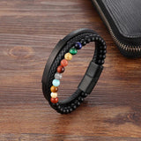 Stainless Steel Leather Bracelet for Men Women Cuff Gift Volcanic Stones Beads