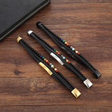 Stainless Steel Leather Bracelet for Men Women Cuff Gift Volcanic Stones Beads