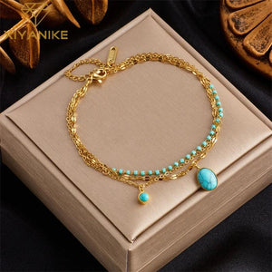316L Stainless Steel Bracelet Green Stone Pendant Bohemian Style