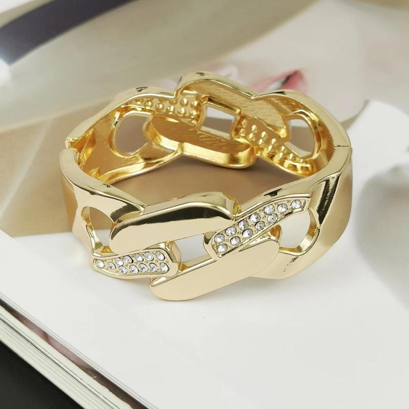 Rhinestones Chain Cuff Bracelet Hollow Metal Bangle Statement Jewelry