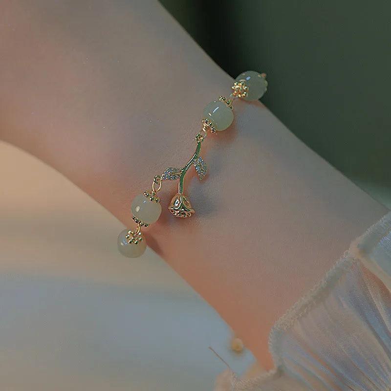 Hetian Jade Flower Bracelet Rose Zircon Jewelry Gift
