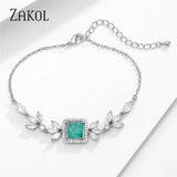 Green CZ Leaf Bracelet Square Crystal Bangle Girls Jewelry