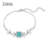 Green CZ Leaf Bracelet Square Crystal Bangle Girls Jewelry