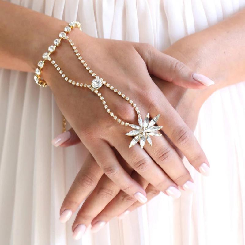 Stonefans Rhinestone Flower Bracelet Bangle Slave Chain Finger Crystal Wrap