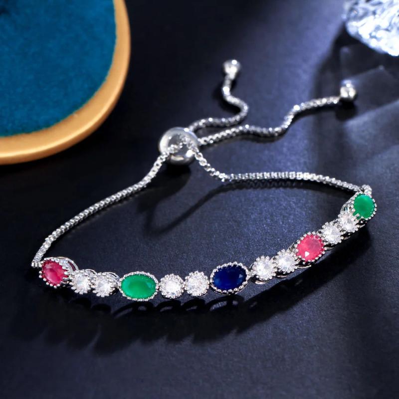 CWWZircons Adjustable Slider Chain Green Red Cubic Zircon Engagement Bracelet