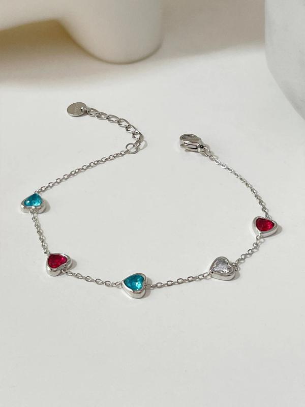 Peri'sBox Colorful Heart Zircon Thin Chain Bracelet Stainless Steel