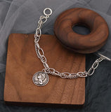 Silver Round Coin Bracelet for Women Men Thick Chain Thai Silver Bracelet