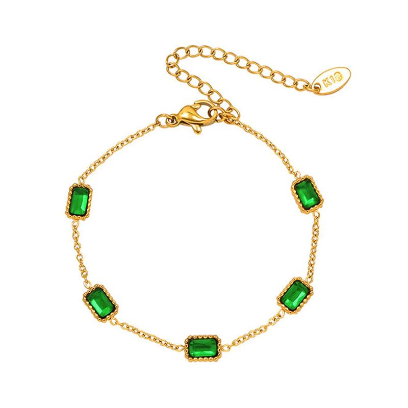 Square CZ Green Stone Bracelet Women Stainless Steel Link Chain