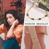 Square CZ Green Stone Bracelet Women Stainless Steel Link Chain