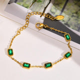 Square CZ Green Stone Bracelet Women Stainless Steel Link Chain