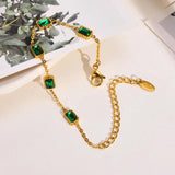 Square CZ Green Stone Bracelet Women Stainless Steel Link Chain