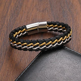 Retro Leather Stainless Steel Chain Charm Bracelet