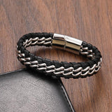 Retro Leather Stainless Steel Chain Charm Bracelet