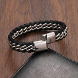 Retro Leather Stainless Steel Chain Charm Bracelet