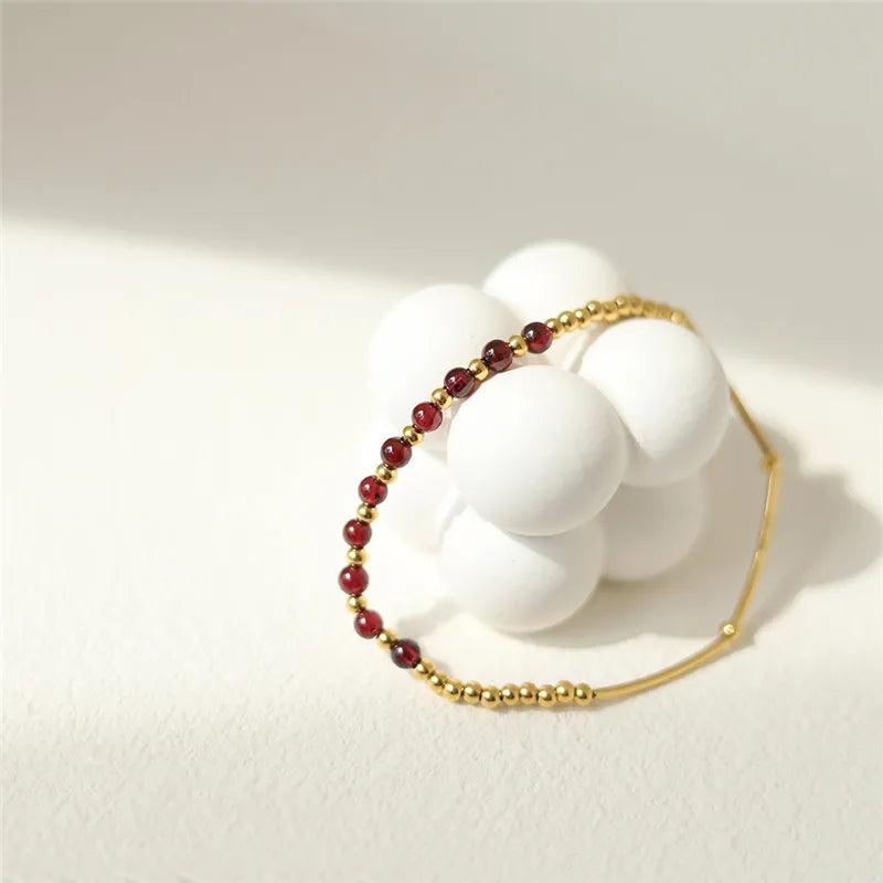 Red Garnet Ball Bend Bracelet Stainless Steel Jewelry