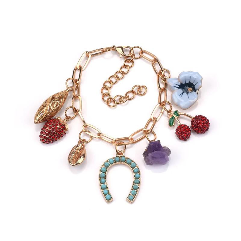 Boho ZA Golden Chains Bracelet with Fruits Stones Charm Pendant