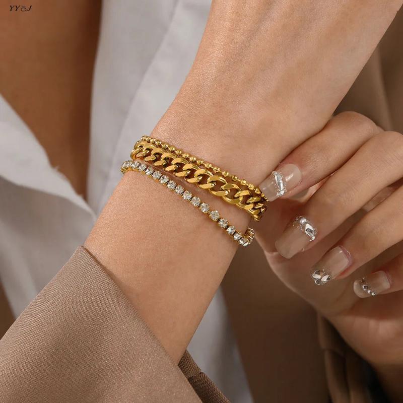 3 Layered Cuban Link Chain Bracelet for Women Stainless Steel