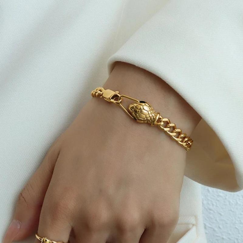 18K Stainless Steel Snake Charm Bracelet with Cubic Zirconia