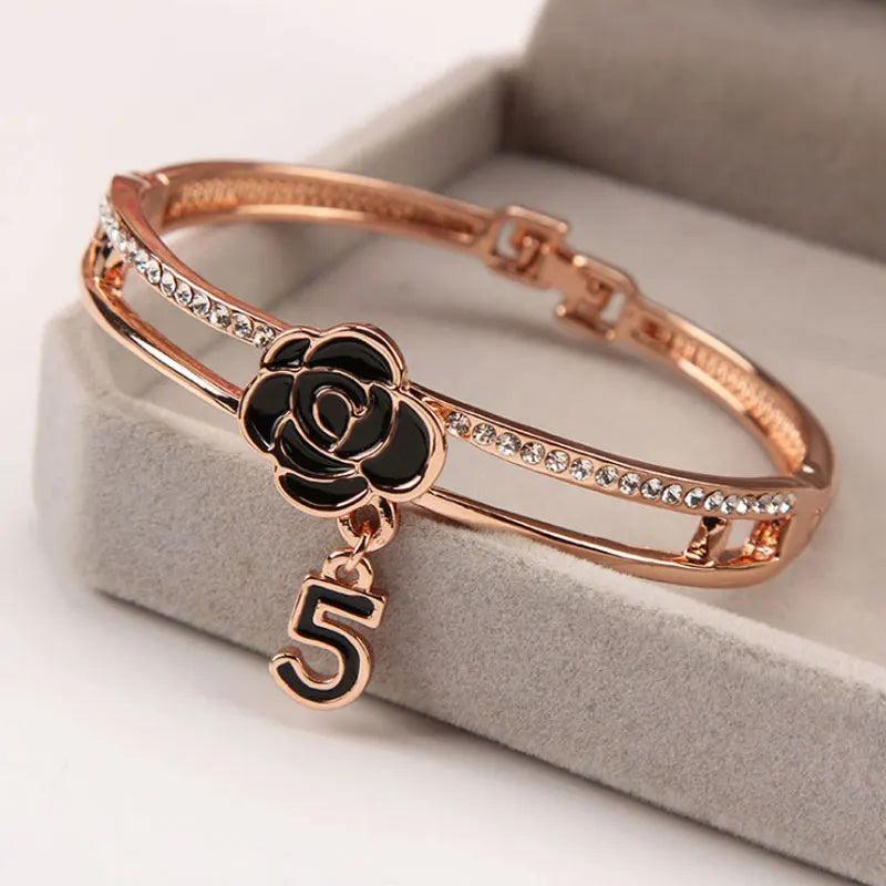 Retro Rose Camellia 5 Bracelet Rhinestone Bangle