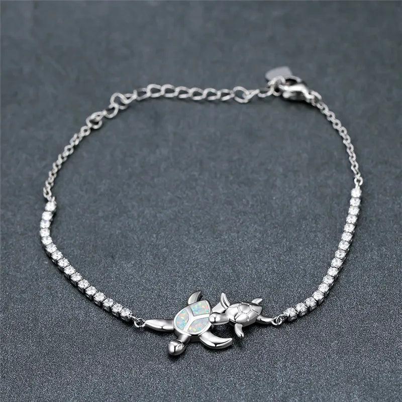 Fire Opal Sea Turtle Bracelet Zircon Stone on Rose Silver Chain Bracelet