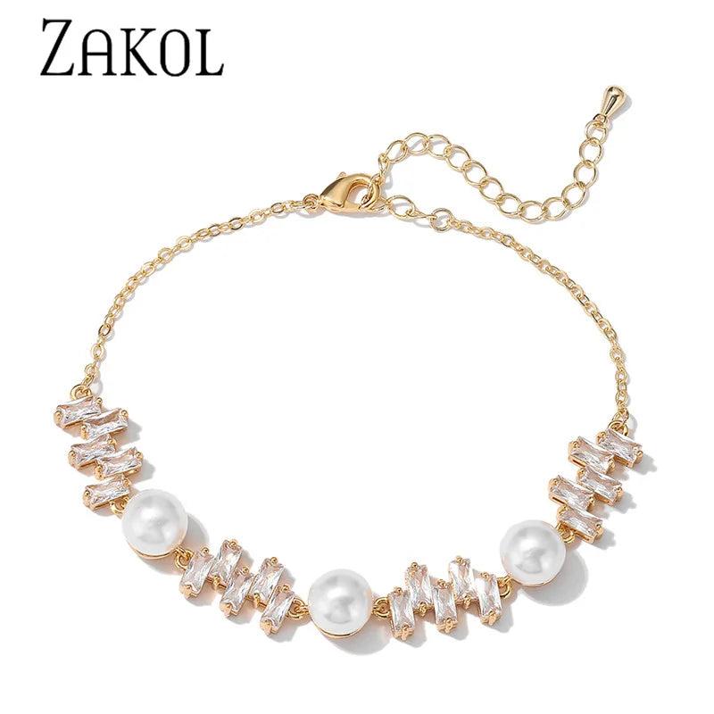 Pearl Adjustable Bracelet with Zirconia Bridal Wedding Jewelry