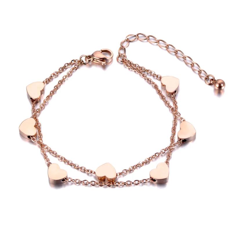 Heart Charm Double Layers Bracelet Bangle Stainless Steel Bohemia Beach Jewelry