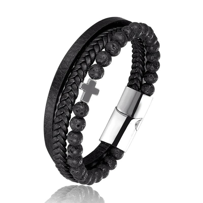 Men's Stainless Steel Leather Bracelet & Tiger Eye Beaded Yoga Bracelet