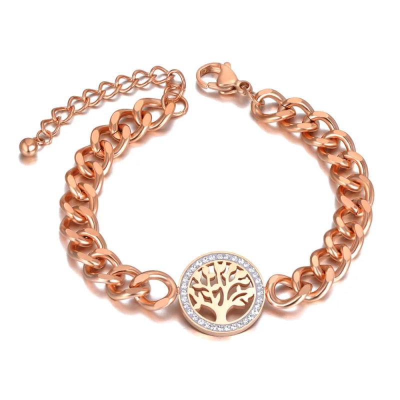 CZ Crystal Tree Charm Chain Bracelet Titanium Stainless Steel Boho Beach Jewelry