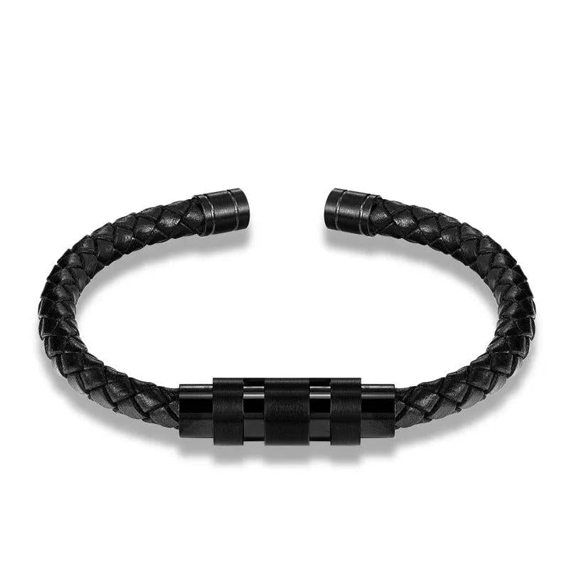 Janeyacy Punk Leather Bracelet Stainless Steel Bangle