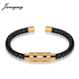 Janeyacy Punk Leather Bracelet Stainless Steel Bangle