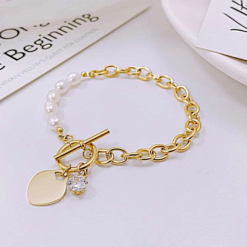 Zircon Jewelry Pearl Buckle Titanium Steel Bracelet for Women