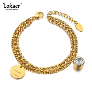 Double Layer Stainless Steel Love You Tag & CZ Crystal Charm Bracelet