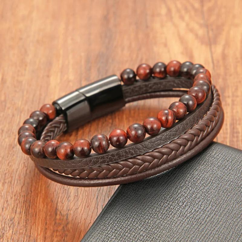 Tiger Eye Stone Beaded Leather Bracelet Men Stainless Steel Clasp Wrap Bangle