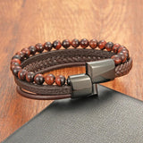 Tiger Eye Stone Beaded Leather Bracelet Men Stainless Steel Clasp Wrap Bangle