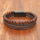 Tiger Eye Stone Beaded Leather Bracelet Men Stainless Steel Clasp Wrap Bangle