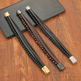 Tiger Eye Stone Beaded Leather Bracelet Men Stainless Steel Clasp Wrap Bangle