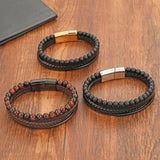 Tiger Eye Stone Beaded Leather Bracelet Men Stainless Steel Clasp Wrap Bangle