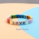 Rainbow Enamel Tila Bracelet LOVE Letterbeads DIY Metal Strand Wristband