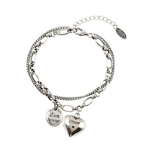 Vintage Punk Silver Bracelet Double Chain Heart-Shape Jewelry
