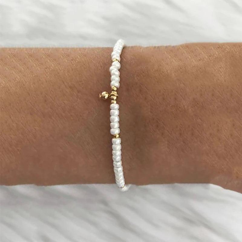 Pink Rice Bead Bracelet with Pearl Crystal Embellishment