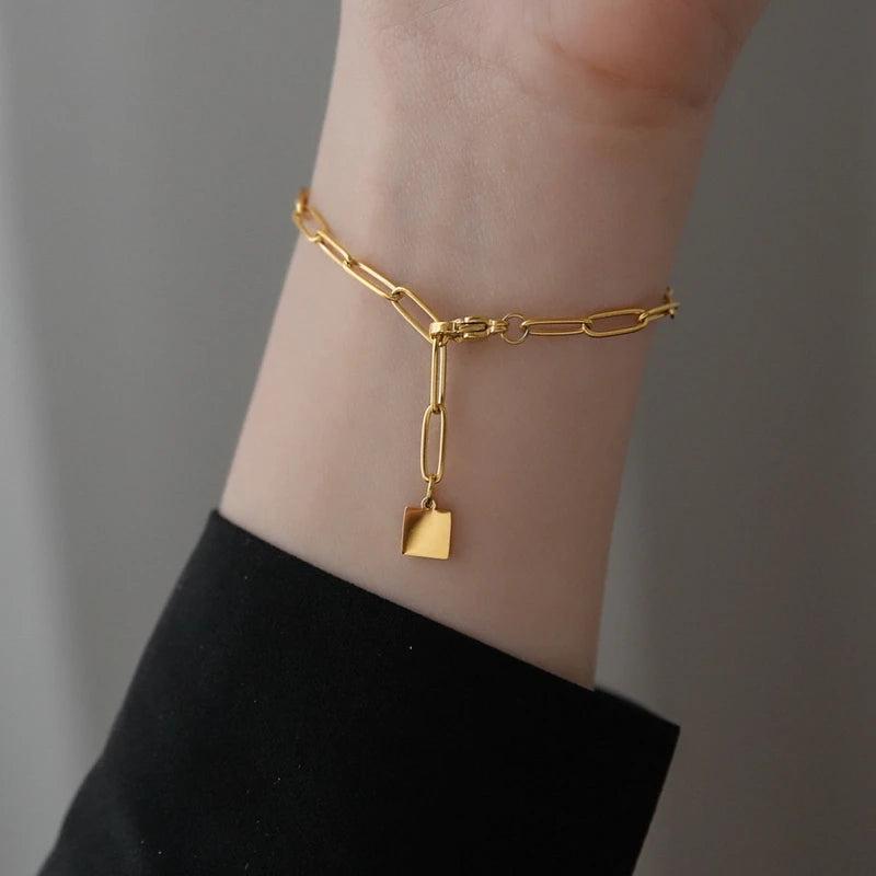 Stainless Steel Plated Square Pendant Chain Bracelet