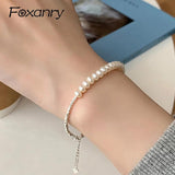 Foxanry Silver Pearl Chain Bracelets for Women