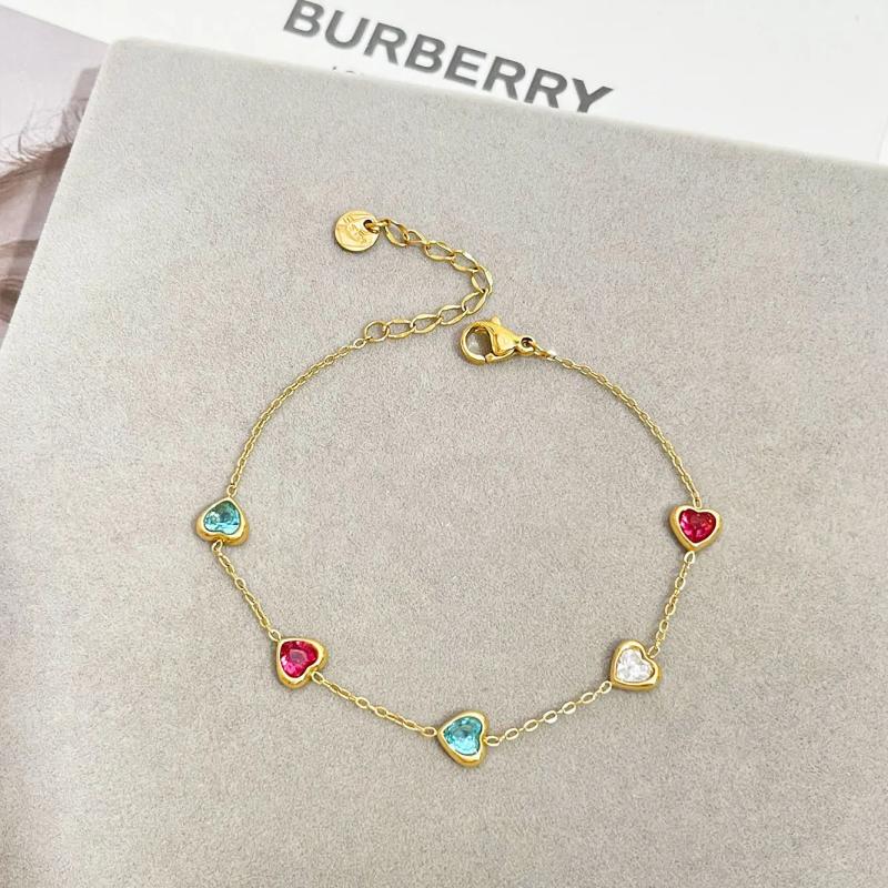 Colorful Heart Zircon Thin Chain Bracelet Stainless Steel Rainbow Cz Bangle