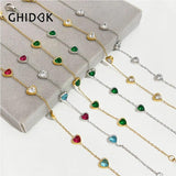 Colorful Heart Zircon Thin Chain Bracelet Stainless Steel Rainbow Cz Bangle