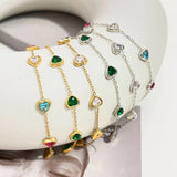 Colorful Heart Zircon Thin Chain Bracelet Stainless Steel Rainbow Cz Bangle