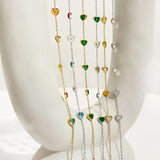 Colorful Heart Zircon Thin Chain Bracelet Stainless Steel Rainbow Cz Bangle
