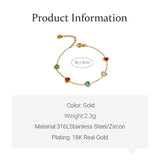 Colorful Heart Zircon Thin Chain Bracelet Stainless Steel Rainbow Cz Bangle