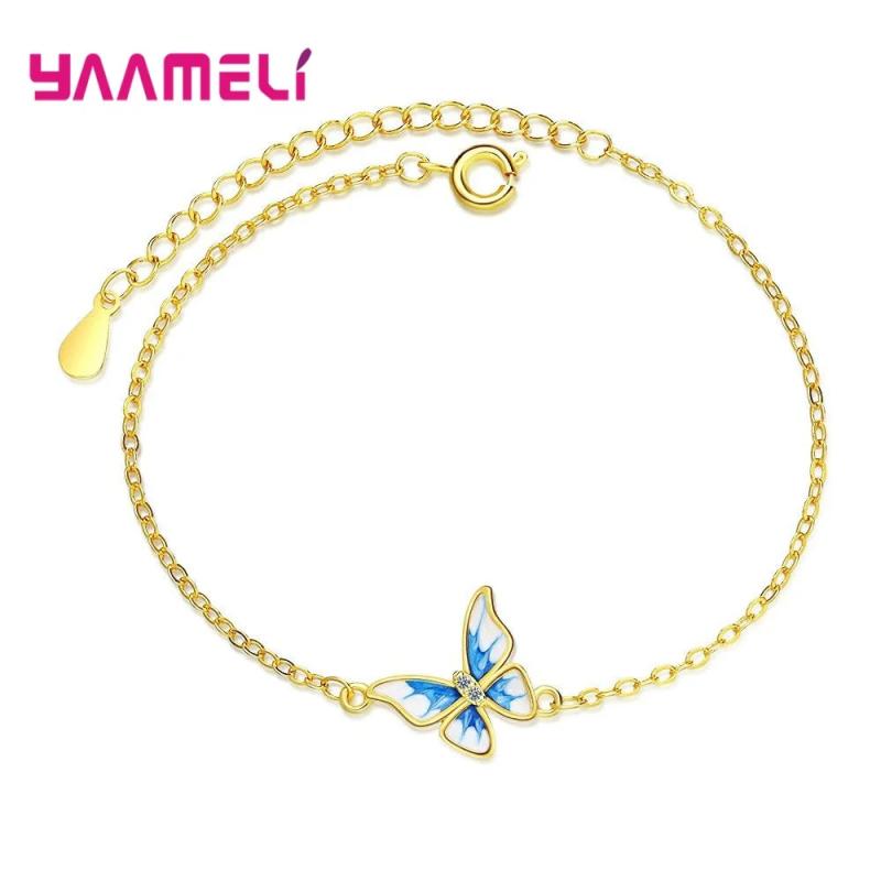925 Silver Butterfly Charm Bracelet with Rhinestone Crystal Jewelry